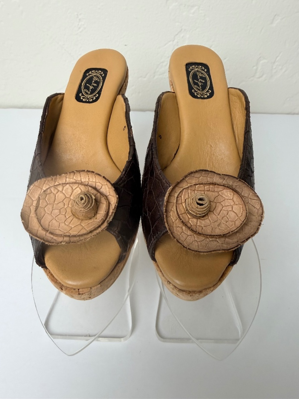 Salpy Lily Handmade USA Artisan Leather Cork Wedge Floral Slide Mules Sz 5